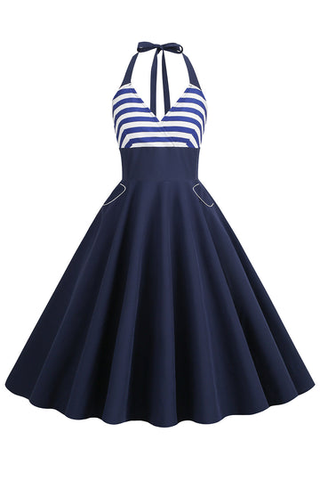 Halter Rayas Azul Vestido Retro Con Bolsillos